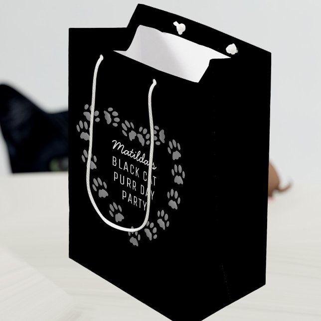 Cat Paw Skriv ut Heart Pet Birthday Black Gift Bag (Purrfect gift bag for your black cat's purrday (or yours) Add your text)