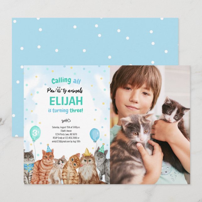 Cat Pawty Animals Boy Birthday Photo Inbjudningar (Fram/baksida)
