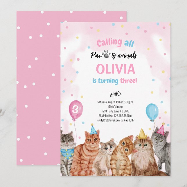 Cat Pawty Animals Girl Birthday Inbjudningar (Fram/baksida)