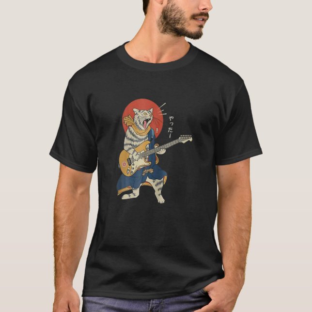 Cat Pay Guitar Ukiyo E Samurai Japanska Warrio T Shirt (Framsida)