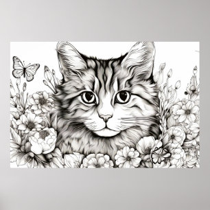 Cat Peacbevara Nature Prairie Sketch Teckning Stil Poster
