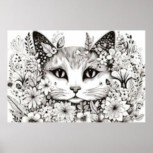 Cat Peacbevara Nature Prairie Sketch Teckning Stil Poster