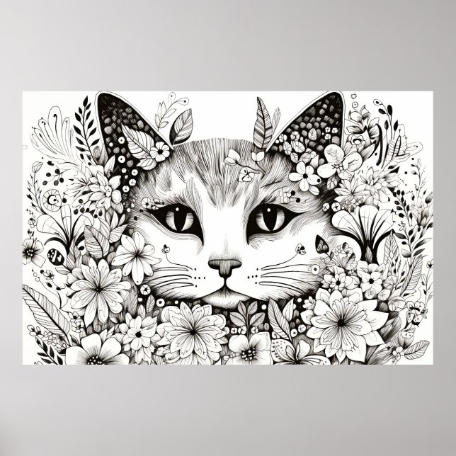 Cat Peacbevara Nature Prairie Sketch Teckning Stil Poster (Framsidan)