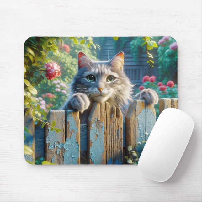 Cat Peering över ett stängsel Musmatta (Med mus)