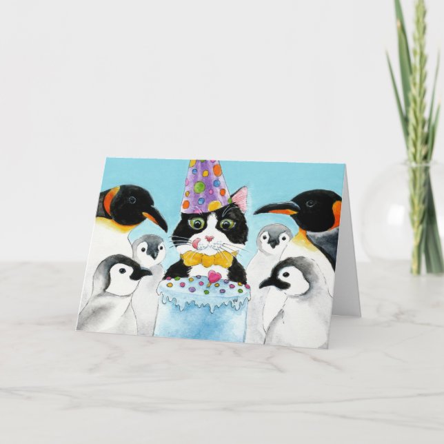 Cat, Penguins, Cake Birthday Card Kort (Framsida)