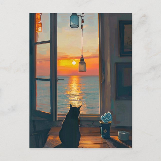 CAT PER WINDOW OCEAN SUNSET ART POSTCARDS VYKORT (Framsida)