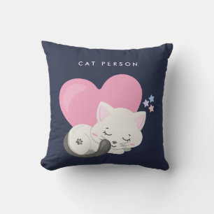 Cat Person Text Cute White Kattunge Sleeping Kudde