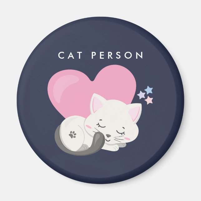 Cat Person Text Cute White Kattunge Sleeping Magnet (Framsidan)
