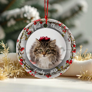 Cat Pet First jul Photo Red Berry Wandan Julgransprydnad Keramik