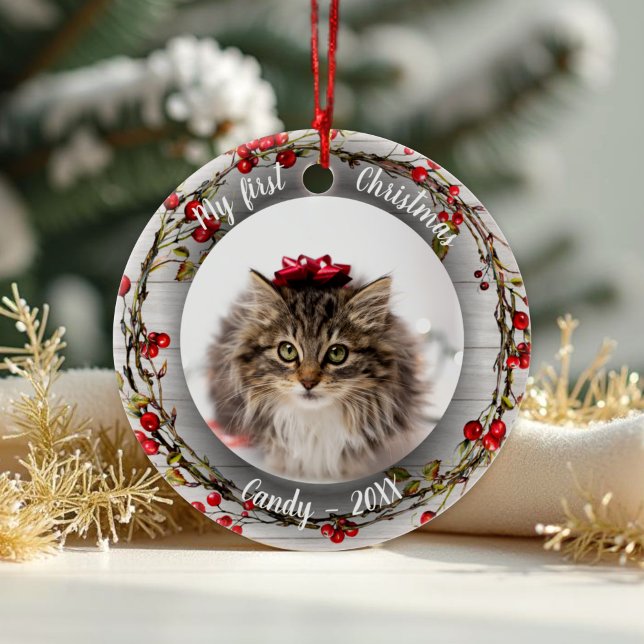 Cat Pet First jul Photo Red Berry Wandan Julgransprydnad Keramik (Skapare uppladdad)