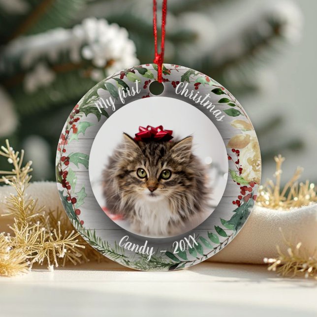 Cat Pet First jul Photo Rusti Wreaths Julgransprydnad Keramik (Skapare uppladdad)