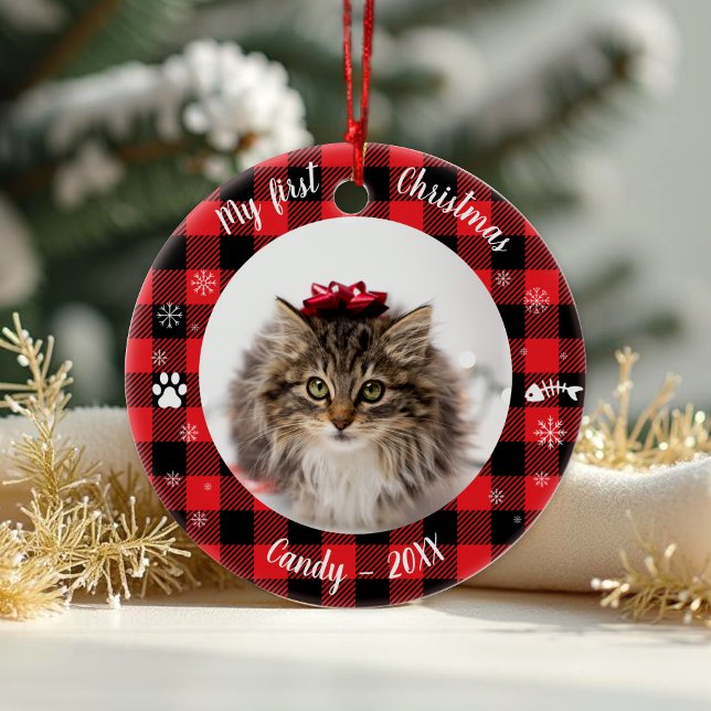 Cat Pet First jul Photo Rustic Buffalo Check Julgransprydnad Keramik (Skapare uppladdad)