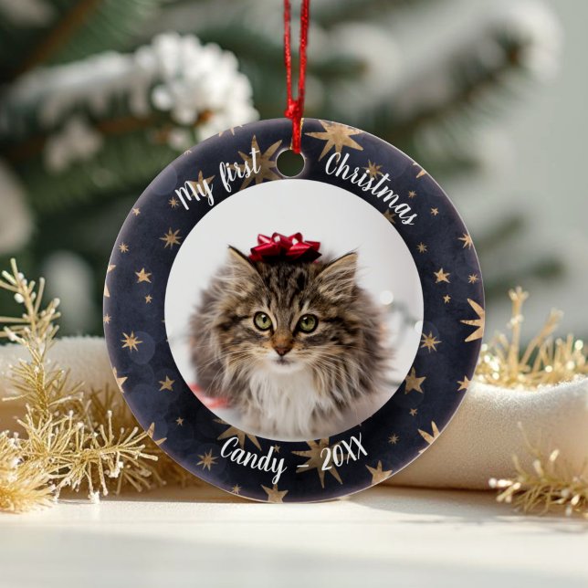 Cat Pet First jul Photo Rustic Messy Stars Julgransprydnad Keramik (Skapare uppladdad)