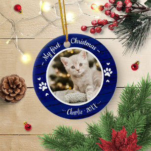 Cat Pet First jul Simple Photo Rustic Blue Julgransprydnad Keramik