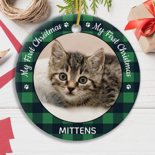 Cat Pet Photo Grönt Play Kitten Första jul Julgransprydnad Keramik