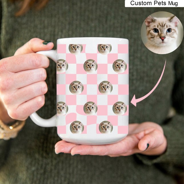 Cat Photo Collage Ljus rosa Play Mönster Coffee Mugg (Cat Photo Collage Light Pink Plaid Pattern Coffee Mug)