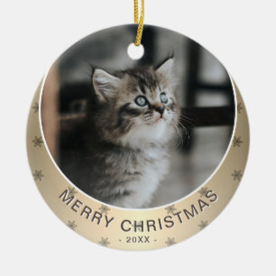 Cat Photo Golden Snowflake Metallic Jul Julgransprydnad Keramik