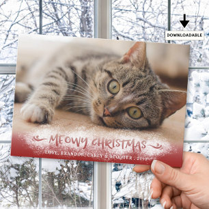Cat Photo MEOWY CHRISTMAS Snö Red Julkort