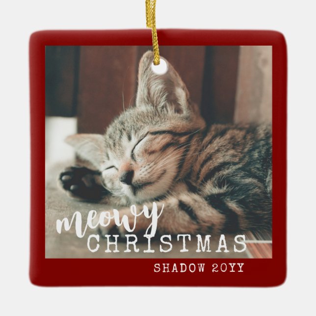 Cat Photo Meowy jul Rustic Red Julgransprydnad Keramik (Framsida)