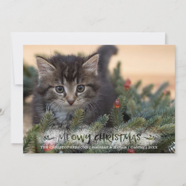 Cat Photo Push Script Snowy MEOWY CHRISTMAS Julkort (Framsida)