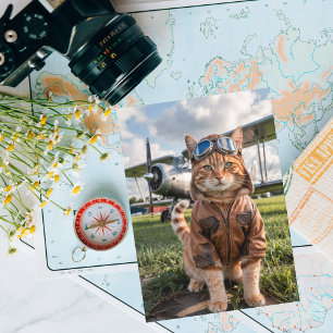 Cat Pilot & Airplane, Coola Funny Aviation Birthda Kort