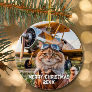 Cat Pilot Airplane Funny Aviation Photo jul Julgransprydnad Keramik