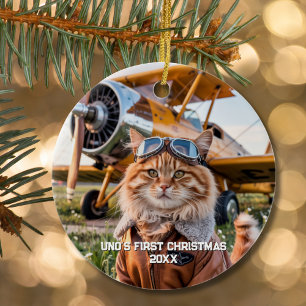 Cat Pilot Airplane Funny Aviation Photo jul Julgransprydnad Keramik
