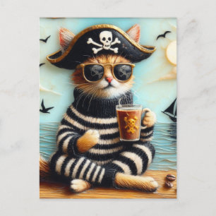 Cat pirat dricker kaffe, enkaustik konst stil vykort