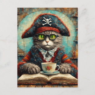 Cat pirat dricker kaffe och läser vykort
