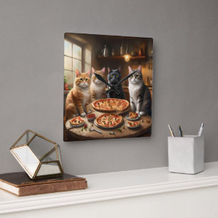 Cat Pizza Night Fyrkantig Klocka