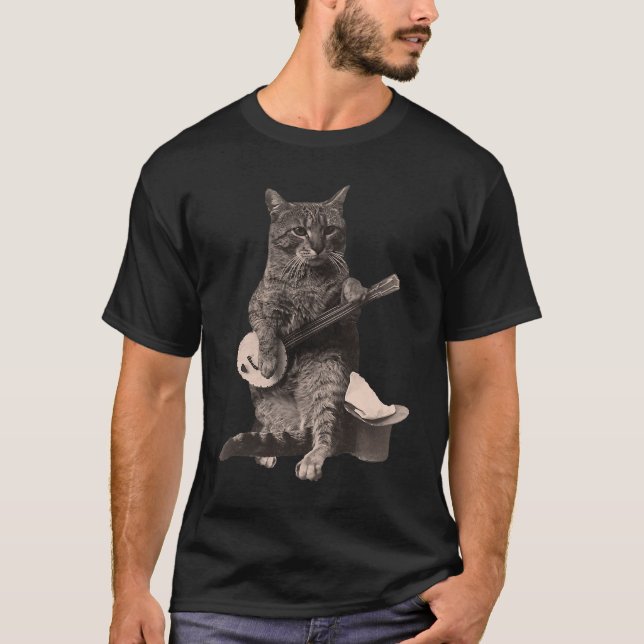 Cat Play Banjo Guitar Kortärmad T-Shirt (Framsida)