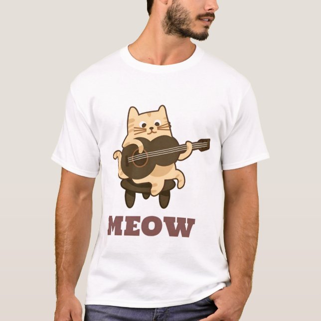 Cat Play Guitar - Lusnyt Meow Kattunge Music-desig T Shirt (Framsida)