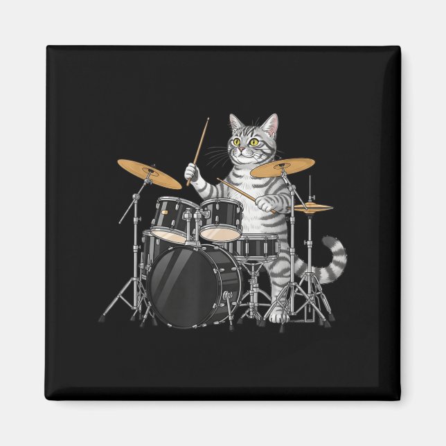 Cat Playing Drums Drumset Drumkit Drumming Drum Dr Magnet (Framsidan)