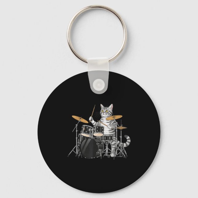 Cat Playing Drums Drumset Drumkit Drumming Drum Dr Nyckelring (Framsida)