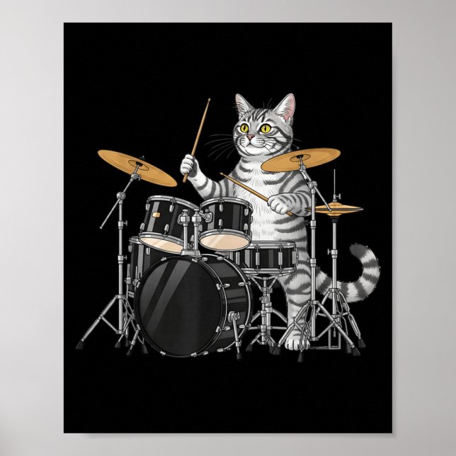Cat Playing Drums Drumset Drumkit Drumming Drum Dr Poster (Framsidan)