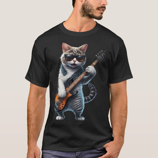 Cat Playing Electric Bass Guitar  Animal Cat  Guit T Shirt (Framsida)