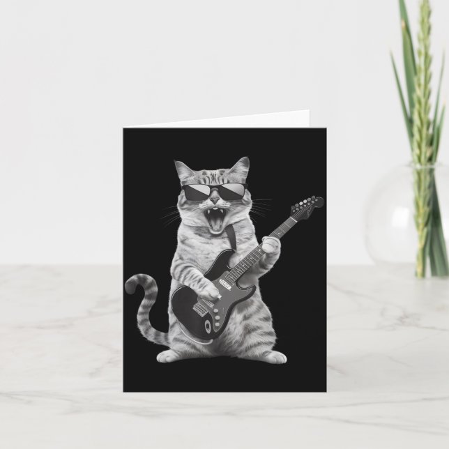 Cat Playing Guitar Rock Star Rock And Roll Men Wom Kort (Framsida)