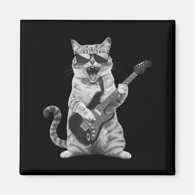 Cat Playing Guitar Rock Star Rock And Roll Men Wom Magnet (Framsidan)