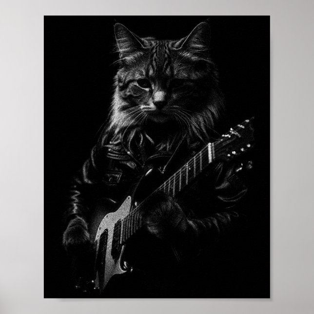 Cat Playing Guitar Rock Star Rock And Roll Men Wom Poster (Framsidan)