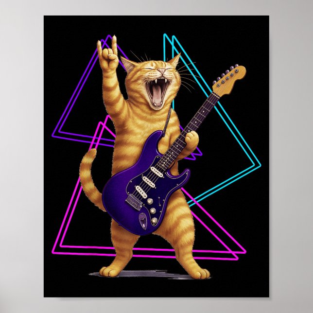 Cat Playing Guitar Rock Star Rock And Roll Men Wom Poster (Framsidan)