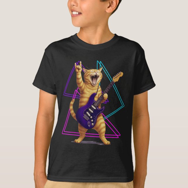 Cat Playing Guitar Rock Star Rock And Roll Men Wom T Shirt (Framsida)