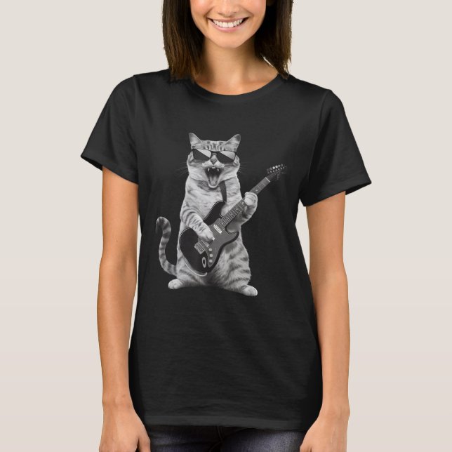 Cat Playing Guitar Rock Star Rock And Roll Men Wom T Shirt (Framsida)
