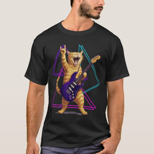 Cat Playing Guitar Rock Star Rock And Roll Men Wom T Shirt (Framsida)