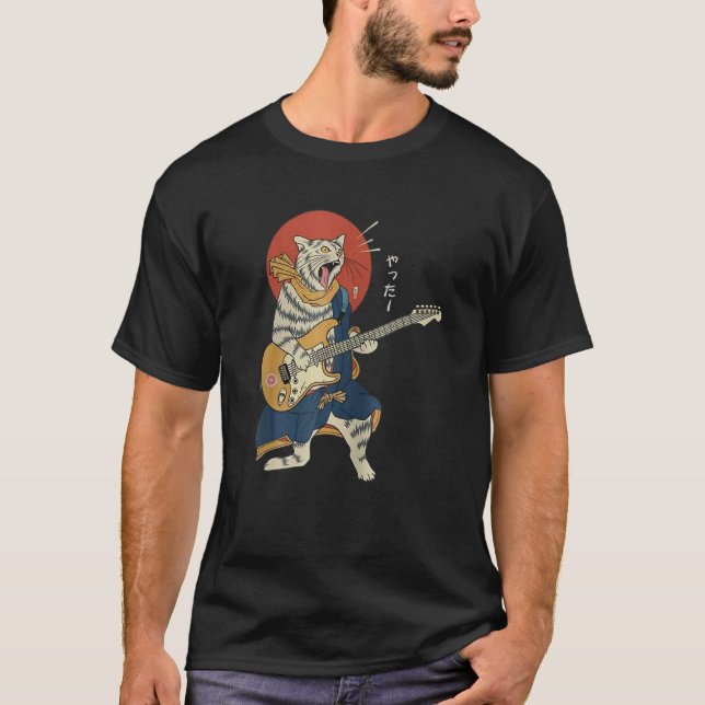 Cat Playing Guitar Ukiyo E Samurai Japanese Warrio T Shirt (Framsida)