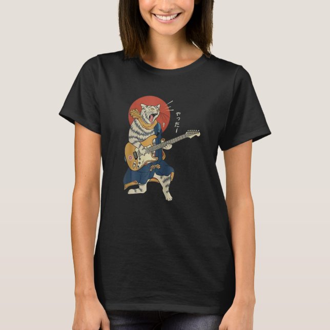 Cat Playing Guitar Ukiyo E Samurai Japanese Warrio T Shirt (Framsida)