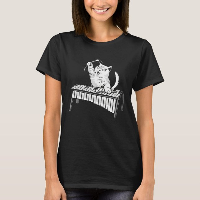 Cat Playing Percussion Musical Instrument Xylophon T Shirt (Framsida)