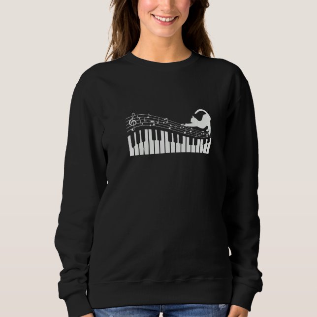 Cat Playing with Music Note on Piano   T Shirt (Framsida)