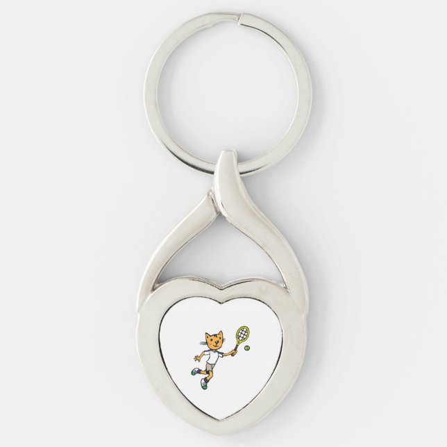 Cat plays tennis  twisted heart silverfärgad nyckelring (Framsidan)