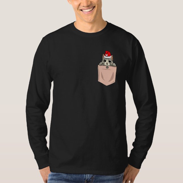 Cat Pocket jul Peeking Kitten Santa Hat Cute T Shirt (Framsida)