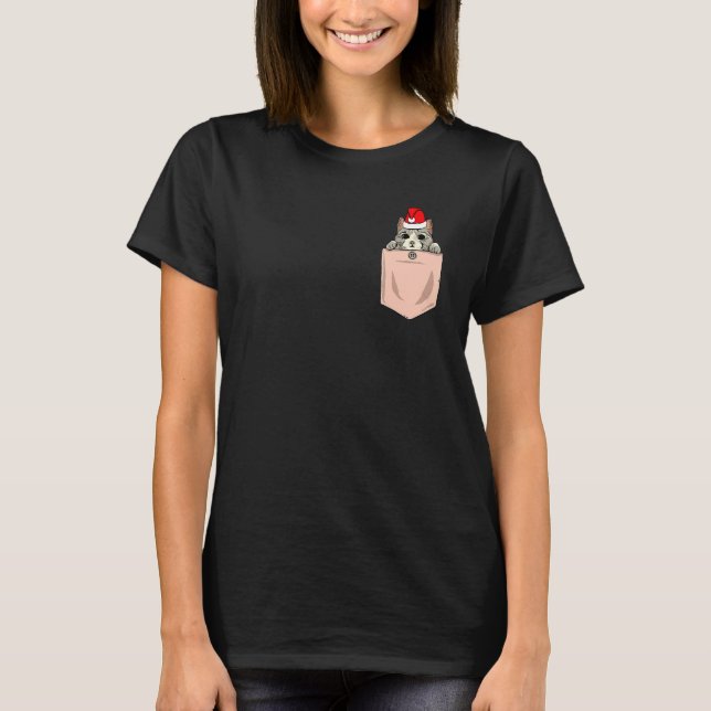 Cat Pocket jul Peeking Kitten Santa Hat Cute T Shirt (Framsida)